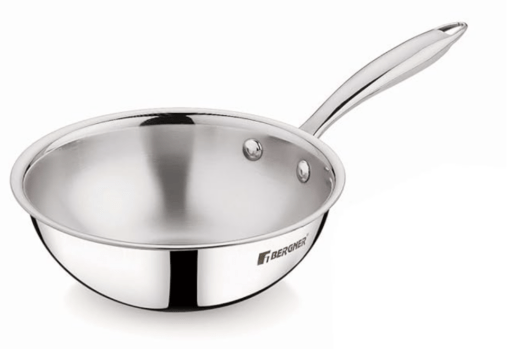 Bergner Argent Junior Chef Triply Stainless Steel 18 cm Wok, 1.3 litres Wok/Kadai, Mini Wok with Sturdy and Durable, Mirror Finish, Induction Base and Gas Ready, Silver